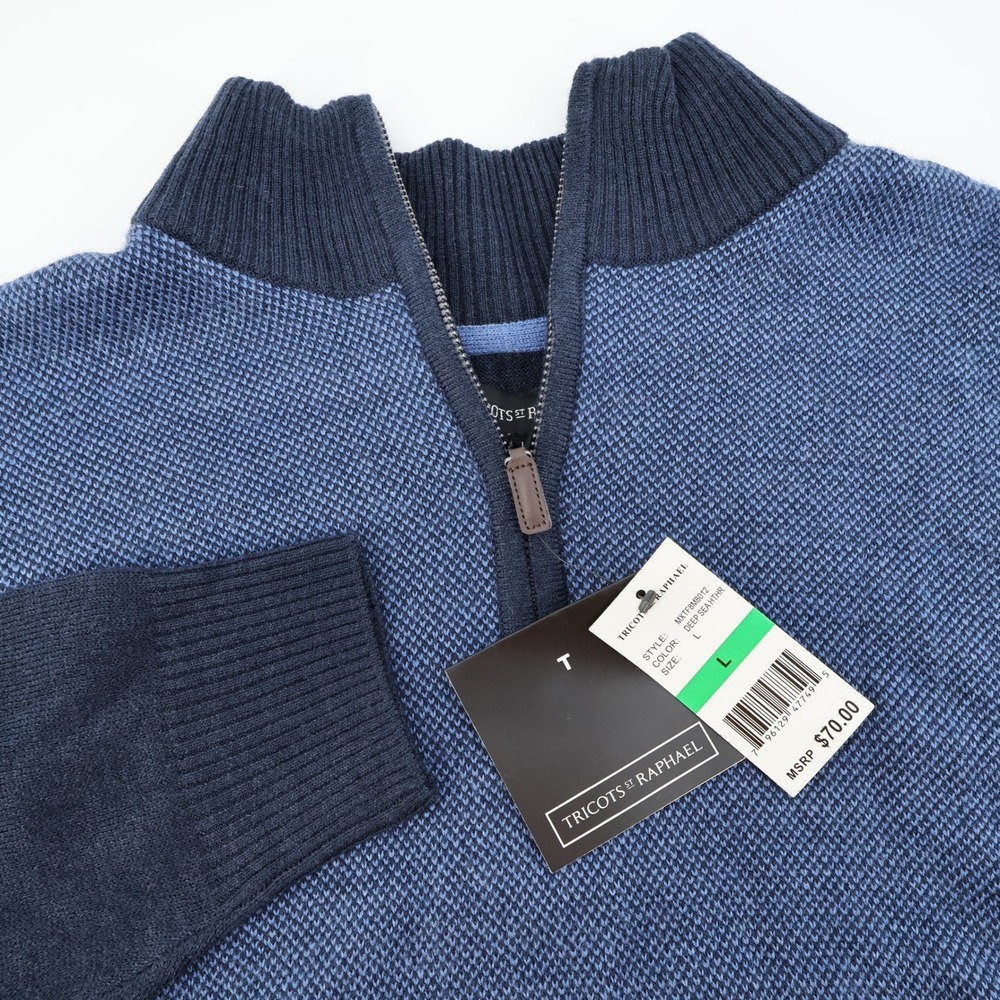 Tricots St Raphael Blue Knit 1/4 Zip Mock Neck Sweater Mens Large NEW